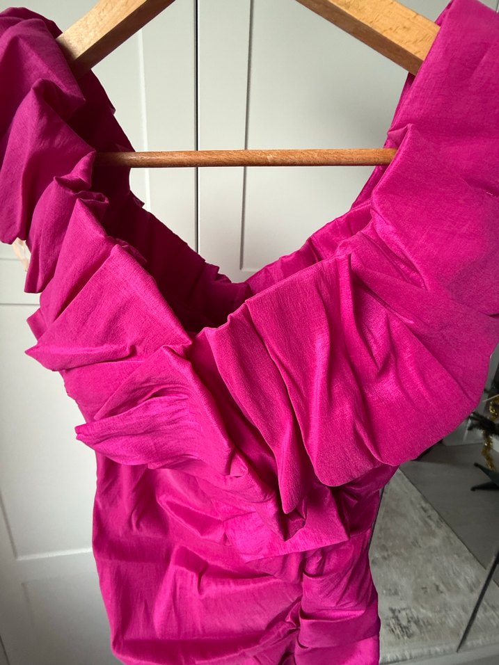 Parlak Pembe Drapeli Midi Abiye Elbise - Görsel 4