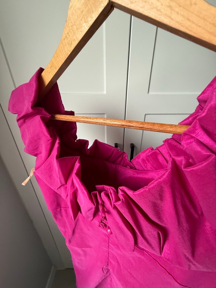 Parlak Pembe Drapeli Midi Abiye Elbise - Görsel 5