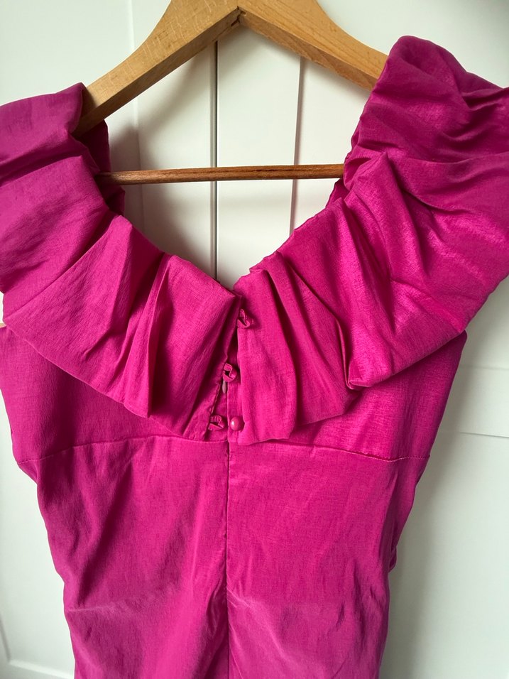 Parlak Pembe Drapeli Midi Abiye Elbise - Görsel 3