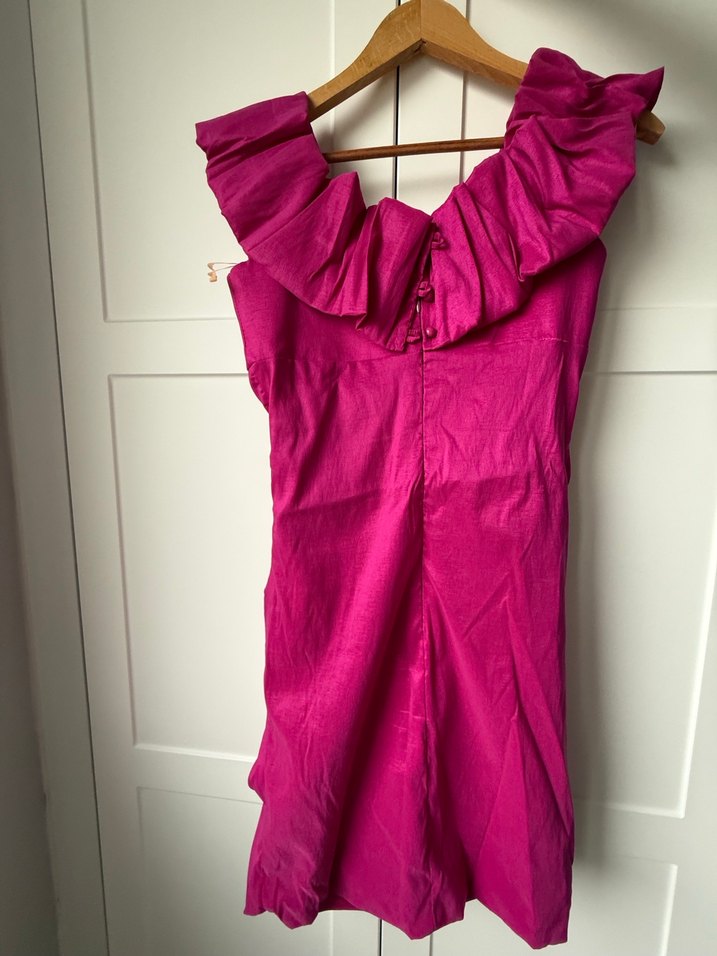 Parlak Pembe Drapeli Midi Abiye Elbise - Görsel 2