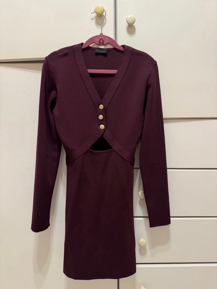 Network Bordo V Yaka Mini Düğmeli Kadın Elbise - Görsel 2