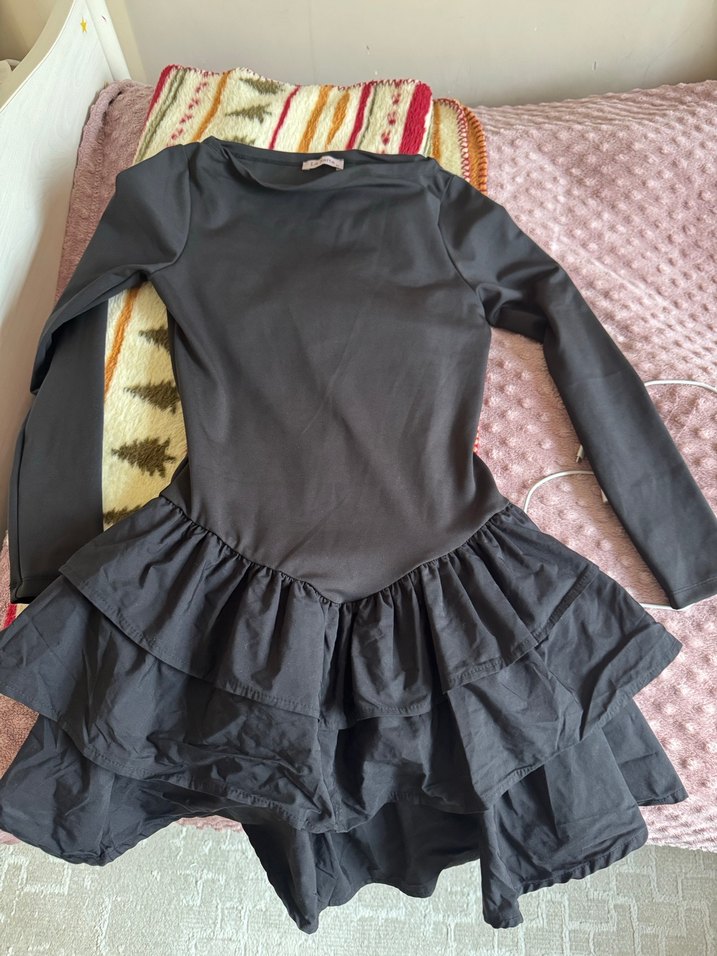 Kadın Siyah Fırfırlı Uzun Kollu Mini Elbise - Görsel 3