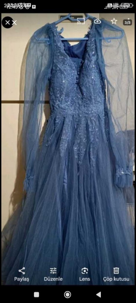 Uzun Kollu Koyu Mavi İşlemeli Drape Abiye - Görsel 2