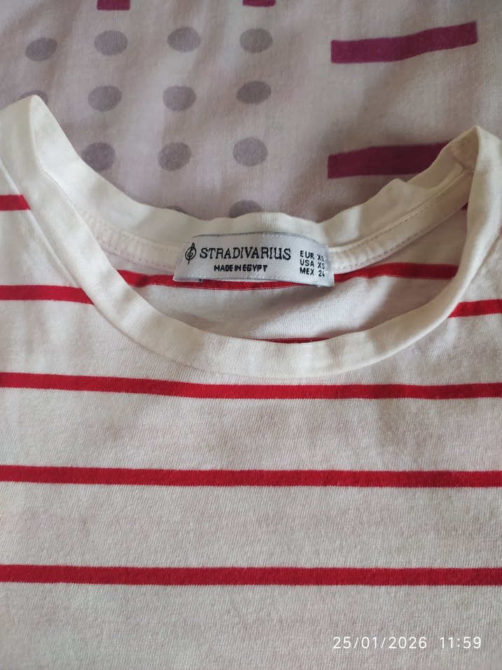 Beyaz Kırmızı Çizgili Kısa Kollu Kadın Tişört - Görsel 2