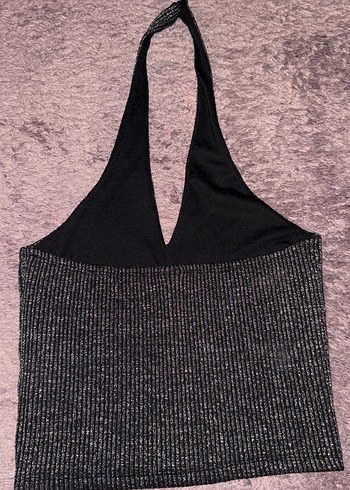 Gri V Yakalı Örgü Kadın Halter Yaka Bluz - Görsel 2