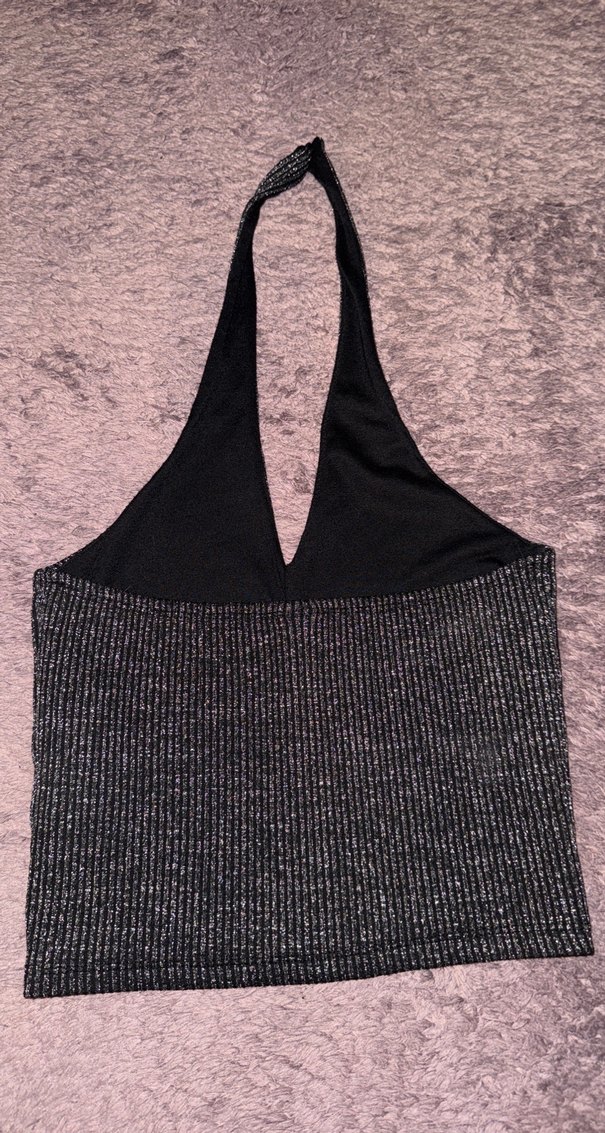 Gri V Yakalı Örgü Kadın Halter Yaka Bluz - Görsel 2