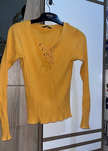 Sarı V Yaka Uzun Kollu Triko Kadın Kazak - Görsel 2