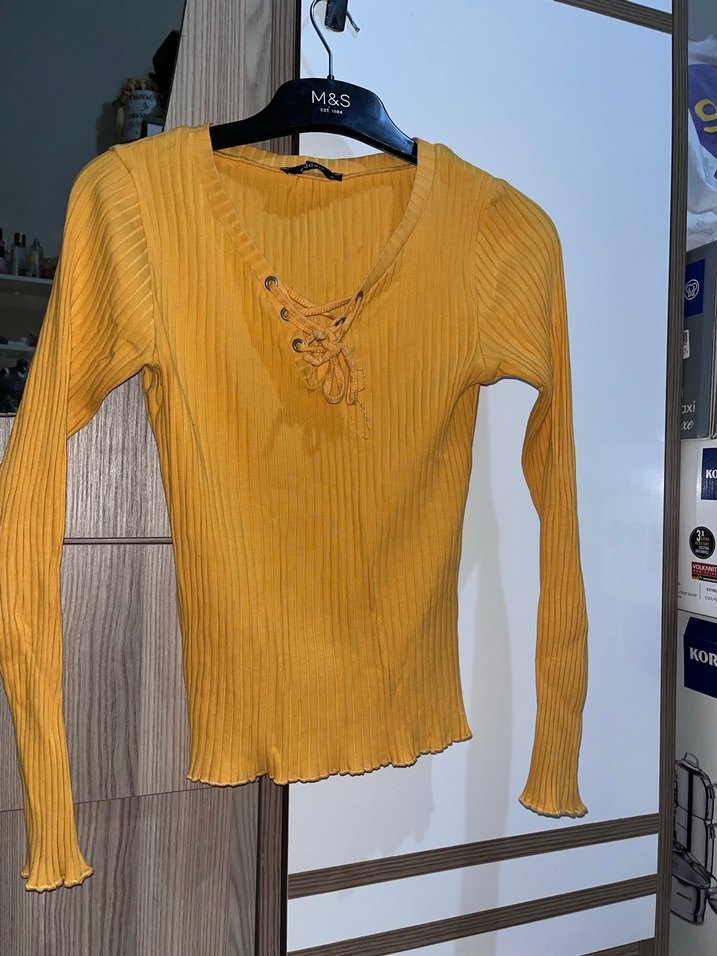 Sarı V Yaka Uzun Kollu Triko Kadın Kazak - Görsel 2