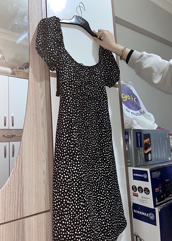 Düğmeli Siyah Puantiyeli Midi Elbise - Görsel 2