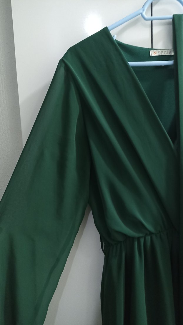 Uzun Kollu Yeşil Drapeli Kadın Elbise - Görsel 2