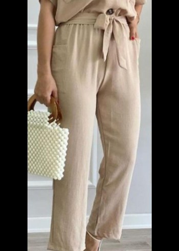 Düğmeli Bej Mini Keten Tulum - Görsel 3