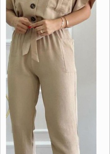 Düğmeli Bej Mini Keten Tulum - Görsel 2