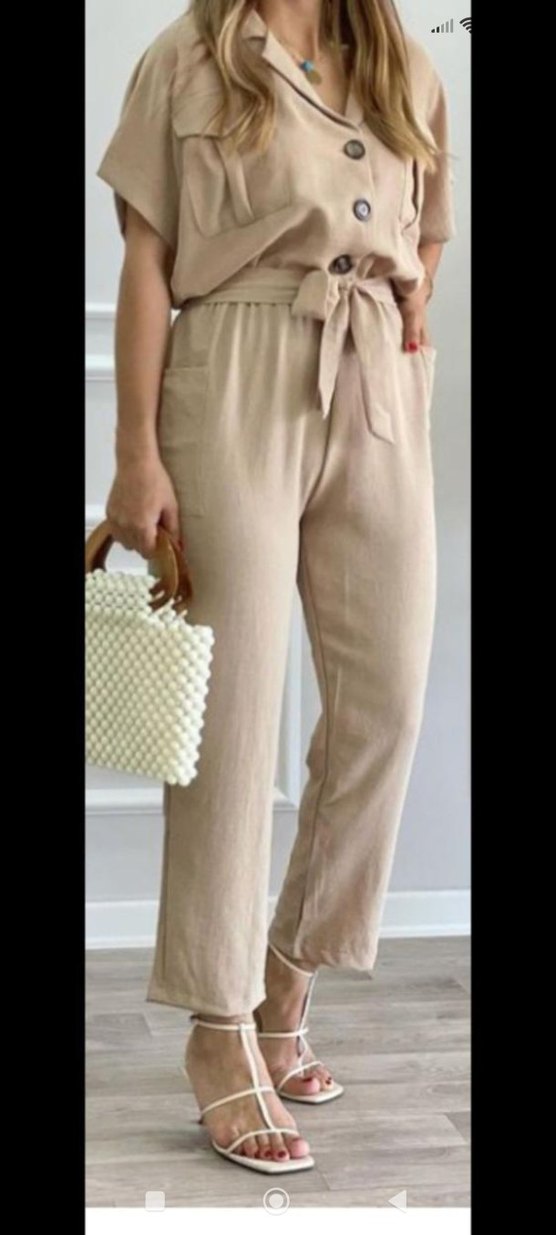 Düğmeli Bej Mini Keten Tulum - Görsel 3