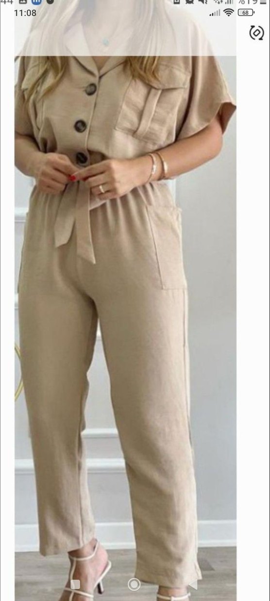 Düğmeli Bej Mini Keten Tulum - Görsel 2