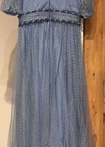 İşlemeli Mavi Uzun Abiye Elbise - Görsel 2