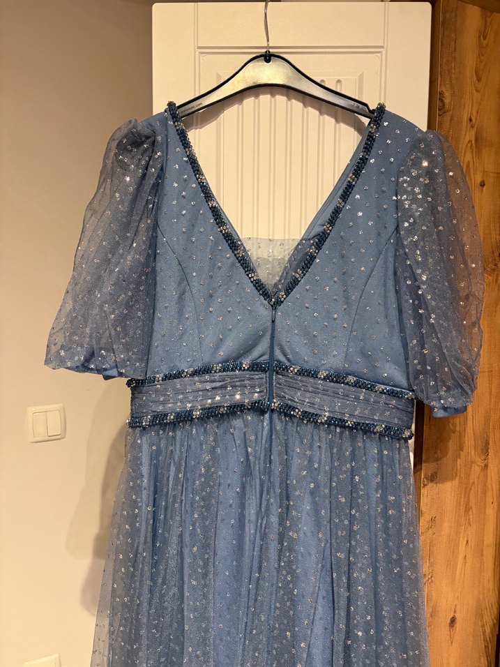 İşlemeli Mavi Uzun Abiye Elbise - Görsel 3