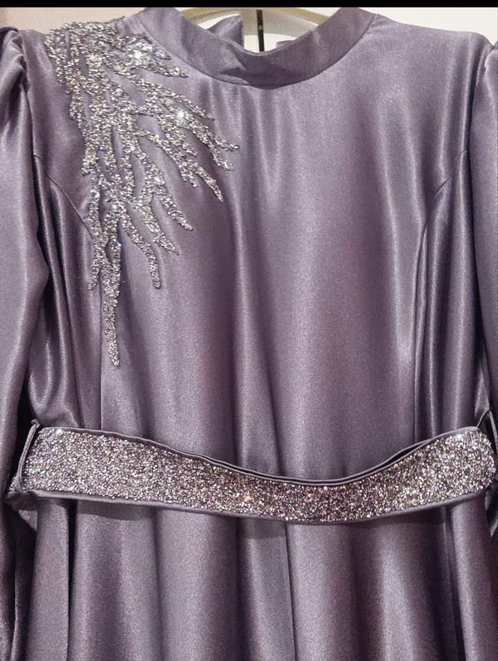 Mor İşlemeli Uzun Abiye Elbise - Görsel 2