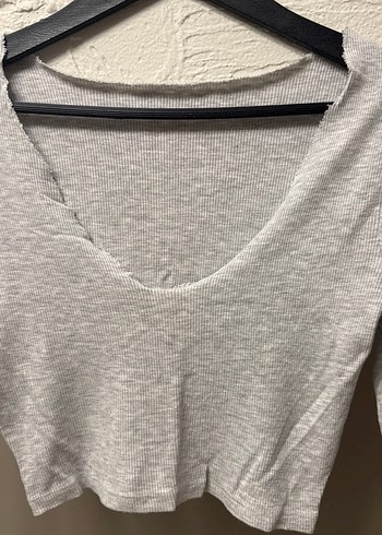 Gri V Yaka Uzun Kollu Kadın Triko Bluz - Görsel 3