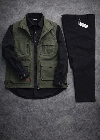 Erkek Haki Kolsuz Bel Detaylı Yelek - Görsel 3