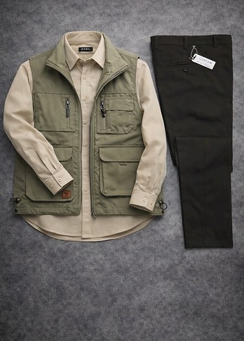 Erkek Haki Kolsuz Bel Detaylı Yelek - Görsel 2