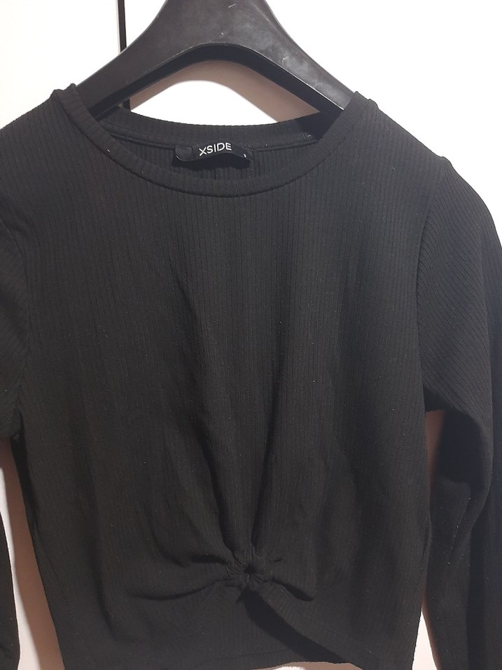 Uzun Kollu Siyah Kadın Crop Top - Görsel 2