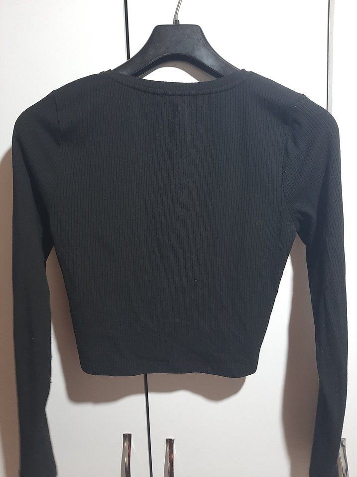 Uzun Kollu Siyah Kadın Crop Top - Görsel 4