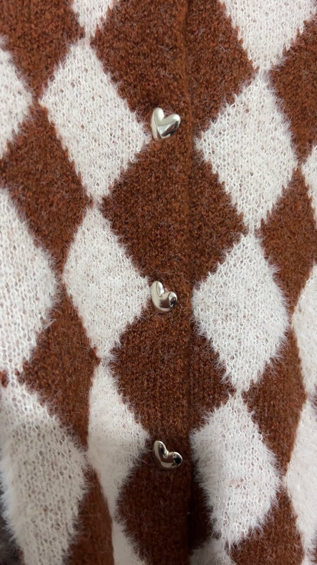 Kahverengi Ekoseli Örgü Kadın Hırka - Görsel 2