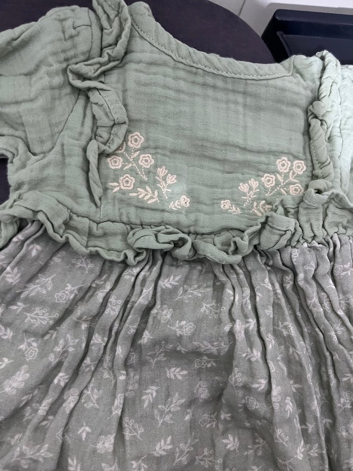 Kız Çocuk Nakışlı Keten Elbise - Görsel 3