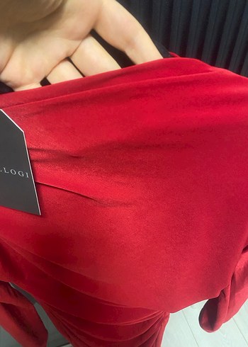 Kırmızı Uzun Kollu Drapeli Uzun Elbise - Görsel 2