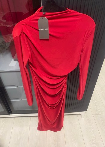 Kırmızı Uzun Kollu Drapeli Uzun Elbise - Görsel 3