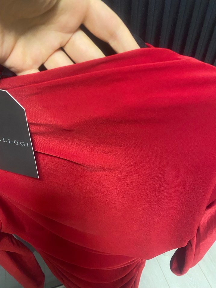 Kırmızı Uzun Kollu Drapeli Uzun Elbise - Görsel 2