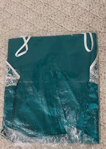 Nakışlı Turkuaz İp Askılı Midi Gecelik - Görsel 2