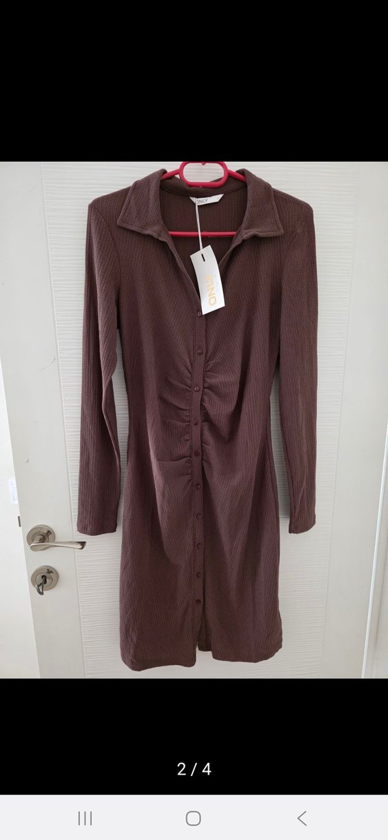 Düğmeli V Yaka Kahverengi Midi Triko Elbise - Görsel 2