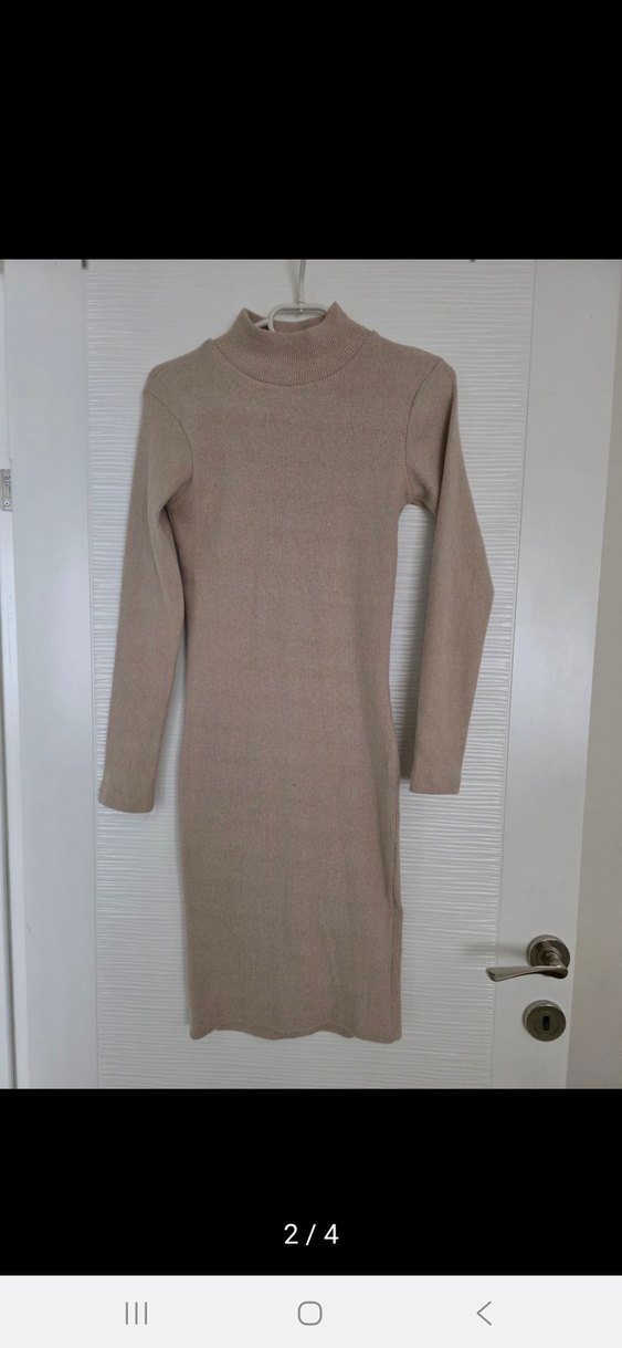 Bej Yüksek Yakalı Kadın Triko Elbise - Görsel 2