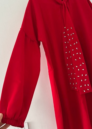 Kırmızı Uzun Kollu Kadın Uzun Elbise - Görsel 2