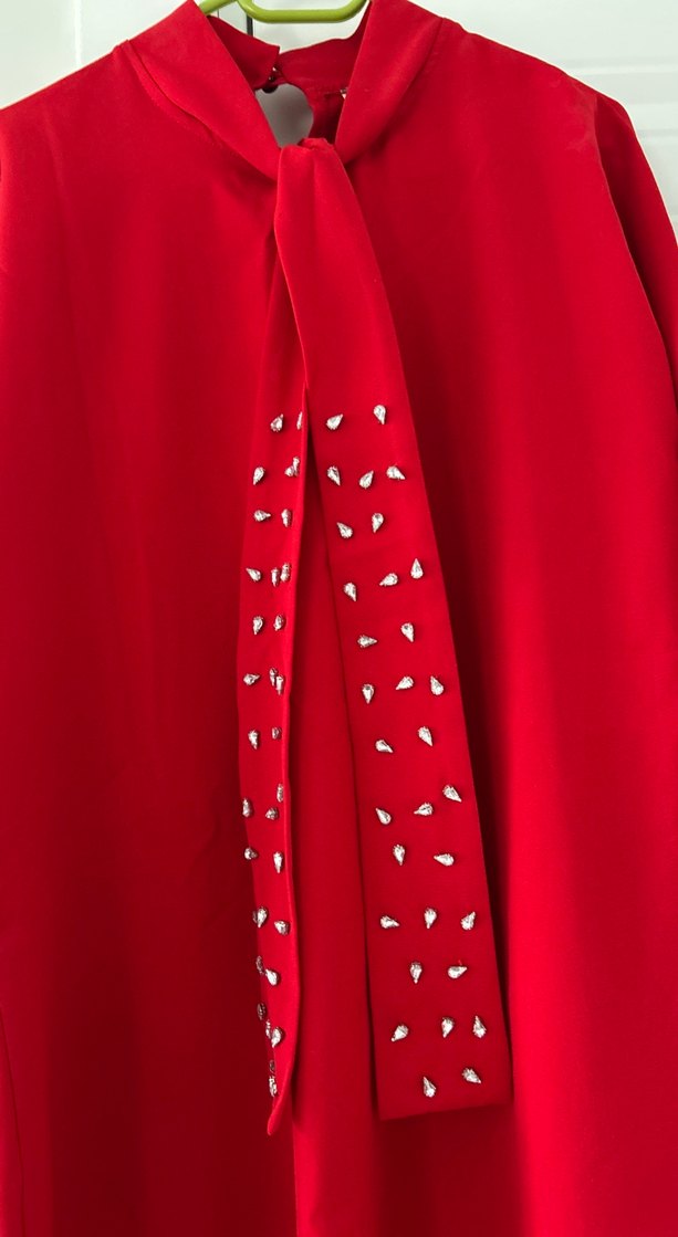 Kırmızı Uzun Kollu Kadın Uzun Elbise - Görsel 3