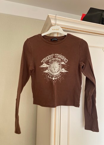 Kahverengi Baskılı Kız Uzun Kollu Süet Tişört - Görsel 2
