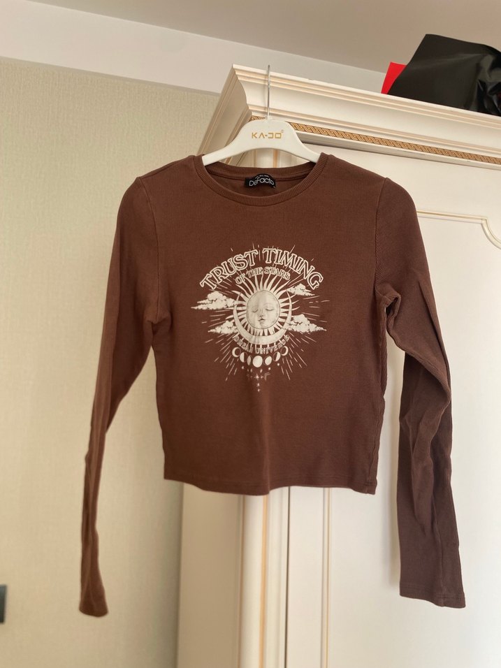 Kahverengi Baskılı Kız Uzun Kollu Süet Tişört - Görsel 2