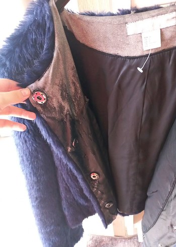 Koyu Mavi Kadın Kürk Detaylı Midi Ceket - Görsel 3