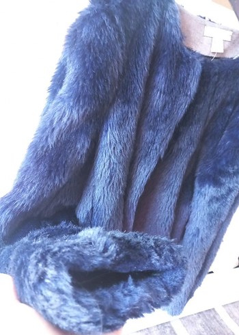 Koyu Mavi Kadın Kürk Detaylı Midi Ceket - Görsel 2