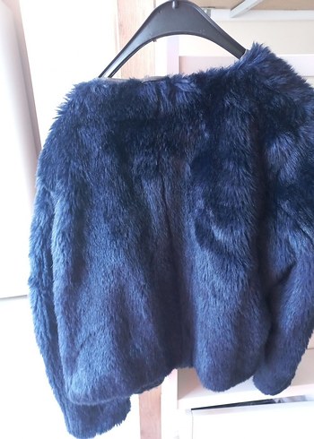 Koyu Mavi Kadın Kürk Detaylı Midi Ceket - Görsel 4