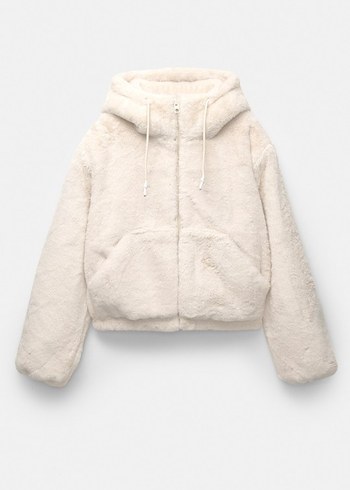 Beyaz Peluş Kapüşonlu Kadın Ceket - Görsel 5