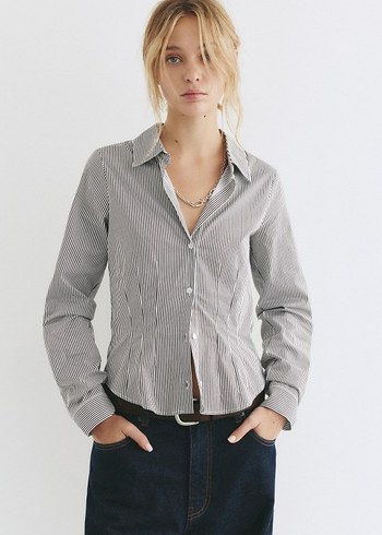 Bej Çizgili Uzun Kollu Kadın Gömlek - Görsel 4