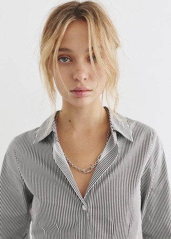 Bej Çizgili Uzun Kollu Kadın Gömlek - Görsel 2