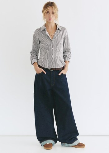 Gri Çizgili Denim Kadın Gömlek - Görsel 2