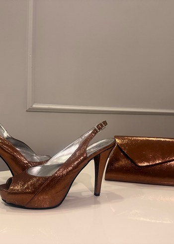  Bronz Işıltı Abiye Ayakkabı & Çanta Seti - Görsel 2