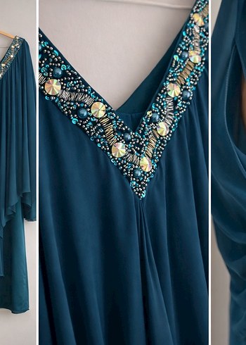 Turkuaz/Petrol Mavisi İki Parçalı Abiye Elbise - Işıltılı Şifon - Görsel 3