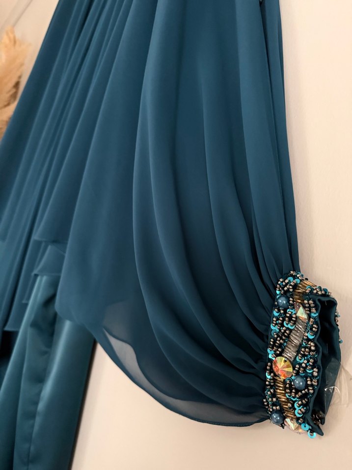Turkuaz/Petrol Mavisi İki Parçalı Abiye Elbise - Işıltılı Şifon - Görsel 5