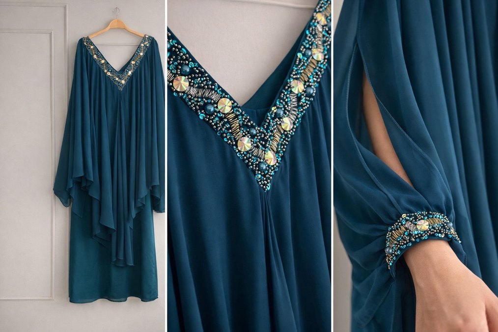 Turkuaz/Petrol Mavisi İki Parçalı Abiye Elbise - Işıltılı Şifon - Görsel 3