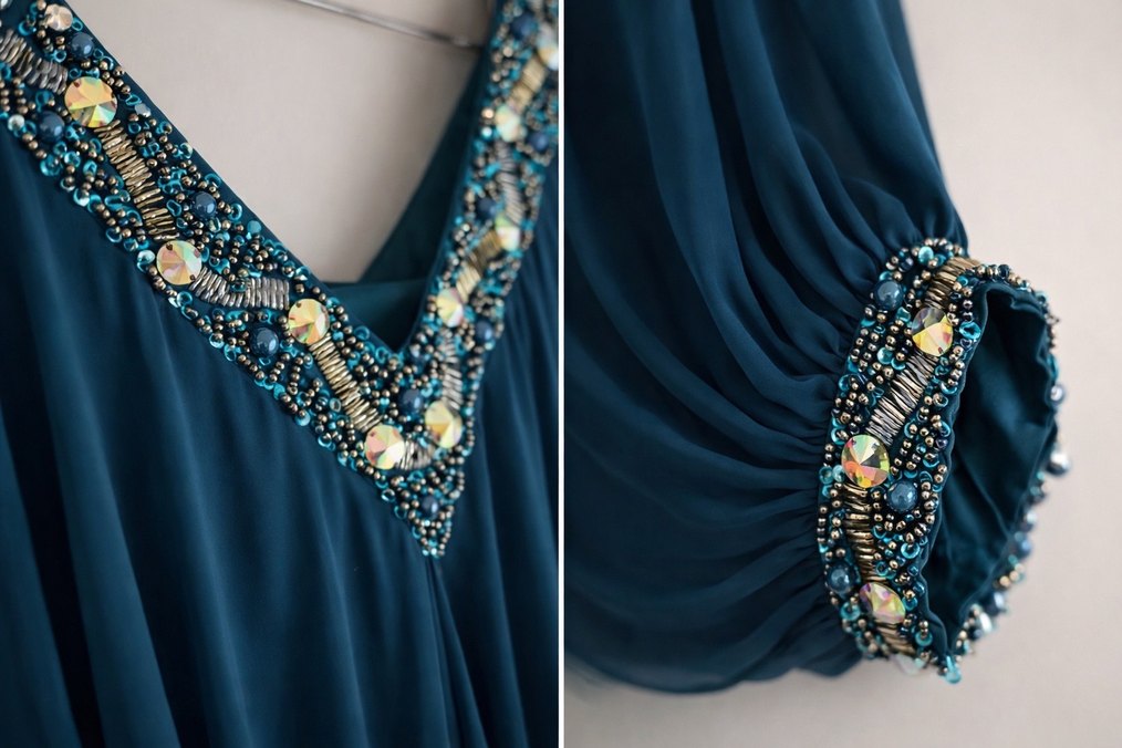 Turkuaz/Petrol Mavisi İki Parçalı Abiye Elbise - Işıltılı Şifon - Görsel 4